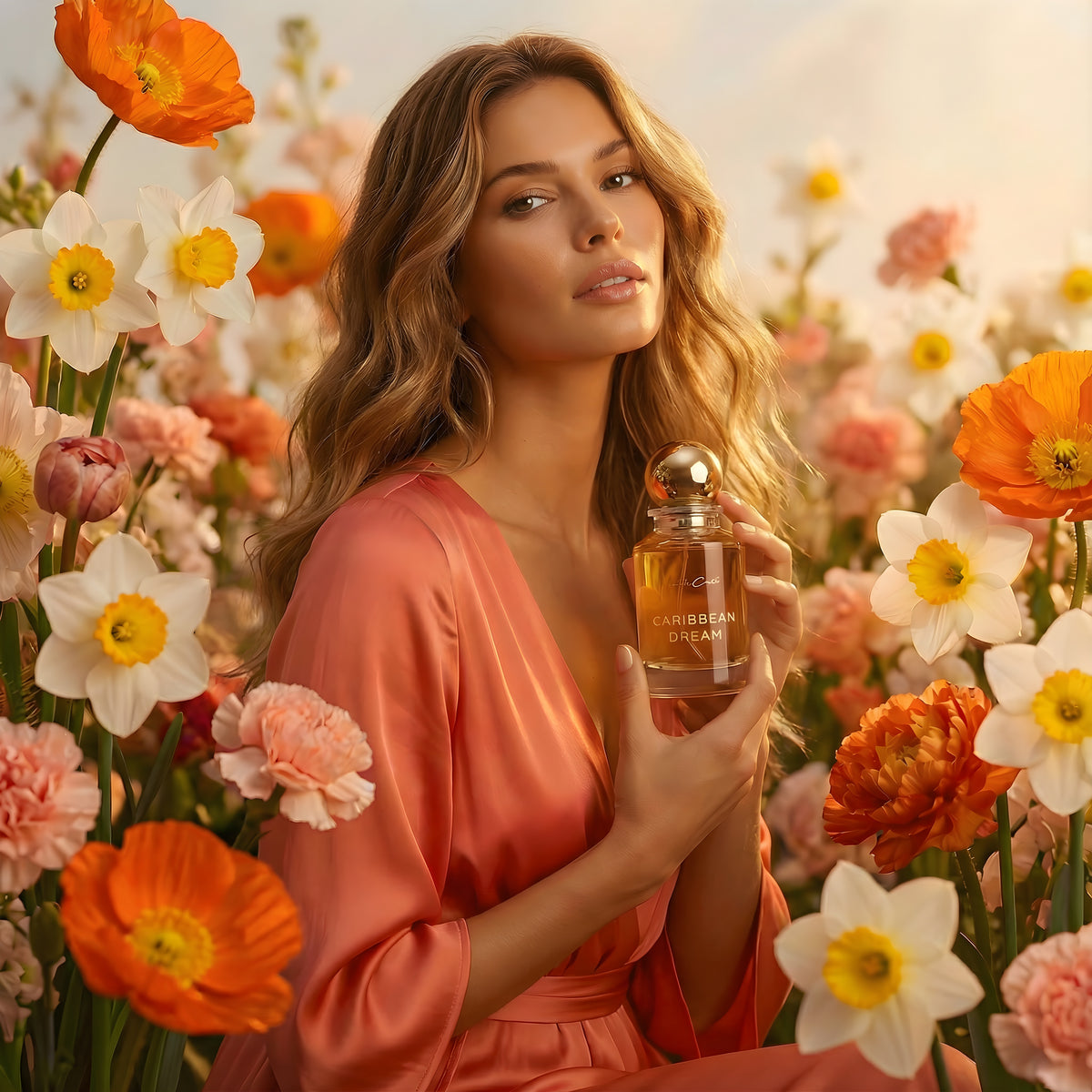 Person in a coral robe holding a Caribbean Dream perfume bottle among white, pink and orange flowers.