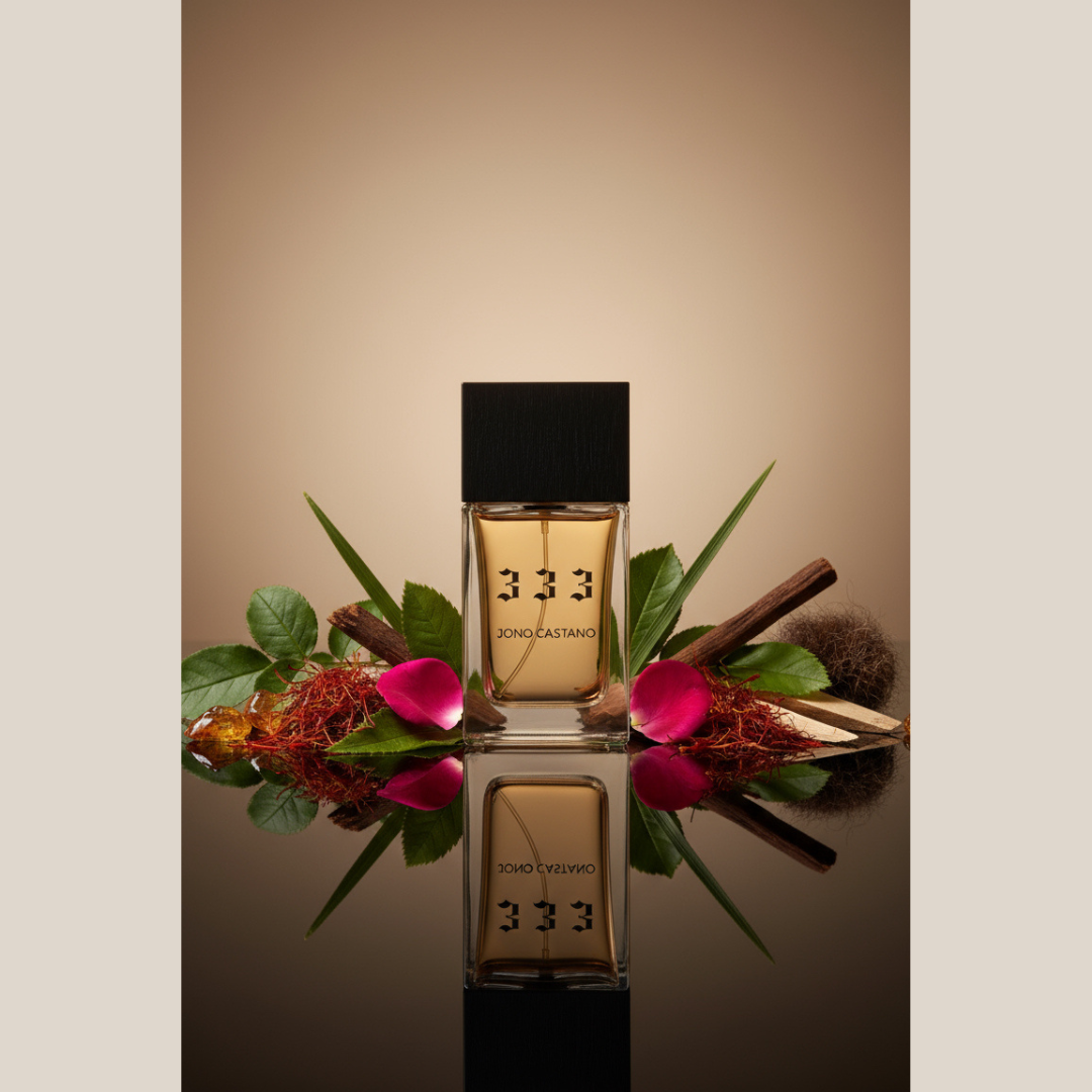 333 by Jono Castano fragrance bottle with a black rectangular cap among green leaves, pink petals and wood on a reflective surface.