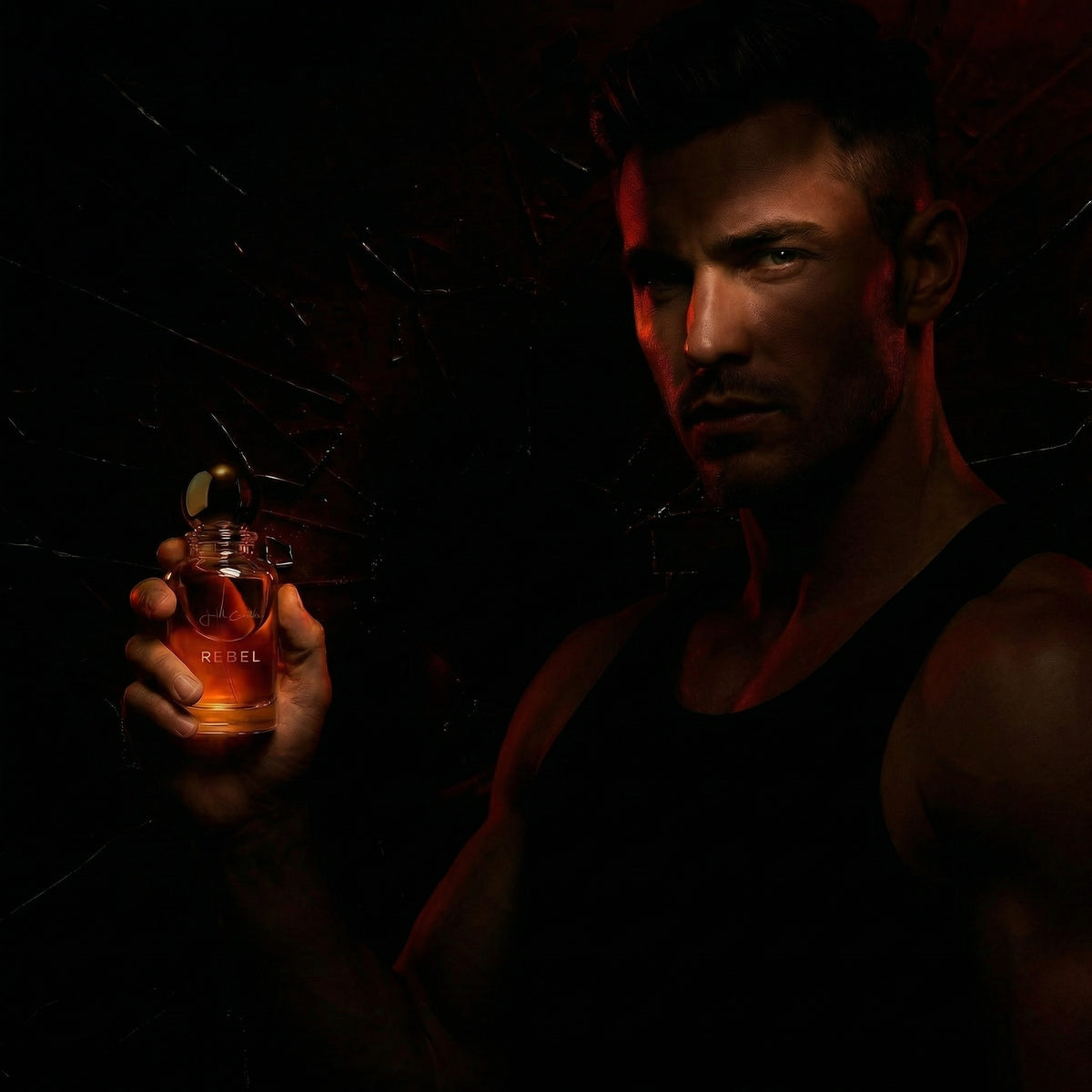 Person in a black sleeveless top holding a Rebel perfume bottle in dark red lighting.